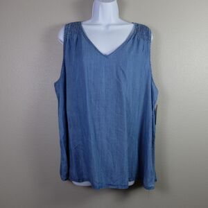 Time and Tru Blue Denim V-Neck Smocked Shoulder Tank Top Size XXL NWT